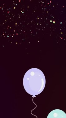 Renkli konfetilerin üzerinden uçan renkli balonların canlandırması. Parti ve kutlama konsepti dijital olarak oluşturuldu.