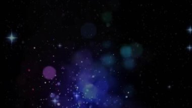 Mor mavi deniz mavisi yeşil küreler sürükleniyor ve titreşen nebula kıvılcımları oluşuyor. Kozmik, soyut, canlı, gerçeküstü, uzay, fütüristik, aydınlık