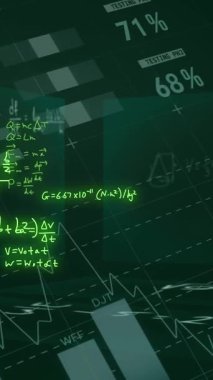 Animation of mathematical formulae and scientific data processing over black background. Global science, computing and data processing concept digitally generated video.