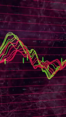 Soyut kırmızı ve siyah şebeke arkaplanı üzerindeki renkli dalga biçimi çizgilerinin animasyonu. dijital, dinamik, ses, teknoloji, geleceksel, model