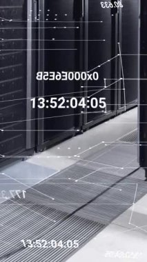 Bilgisayar sunucu odasındaki bağlantılar ve veri işleme ağının animasyonu. Bilgisayar arayüzü ve iş veri depolama teknolojisi kavramı