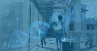 Havalimanı jet köprüsünden elinde kağıt kahve fincanı ve çapraz ceset torbasıyla geçen bir gezgin. Modern, transit, kentsel, yaşam tarzı, seyahat, illüstrasyon, mimari