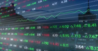 Renkli oklar, çizgi çizelgeleri ve ızgara çizgileri ile ofiste ufuk çizgisini kaplayan hisse senedi kalplerini göster. Fütüristik, teknoloji, veri görselleştirme, finansal, kentsel, dijital, analitik