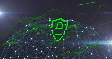 Parlak yeşil kalkan simgesi sanal ağ alanı içinde veri akışını kilitliyor, kablo çerçevesi küresi. Siber güvenlik, veri koruması, dijital ağ, yüksek teknoloji, fütürist, teknoloji, şifreleme