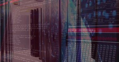 Veri merkezinde şifreleme işlerken sunucu rafları gösteriliyor, işlem çubuğu ve küresi üzerine yerleştiriliyor. Siber güvenlik, veri, teknoloji, gelecek, dijital, ağ, altyapı