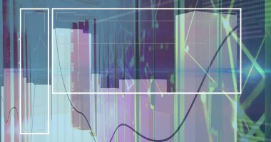 Şebeke üzerinde şeffaf çubuklar ve kıvrımlı çizgiler, düğümler ve beyaz çerçeveler gösteriliyor. Teknoloji, veri, analitik, bilgi, gösterge paneli, dijital, ağ