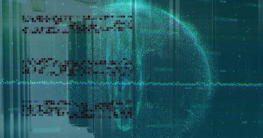 Veri merkezinde, dijital küre ve sayısal grafik satırını yansıtan kablo LED 'leri sunucu rafları gösteriliyor. Teknoloji, veri, siber güvenlik, bulut, ağ, altyapı, yenilik