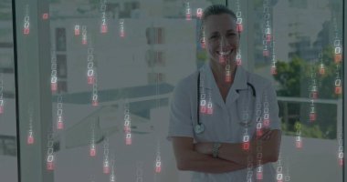 Beyaz önlüklü doktor ve cam pencereli steteskop, ikili kod kaplamalı, kopyalama alanı. Tıbbi, sağlık, fütüristik, teknoloji, profesyonel, yenilik, hastane