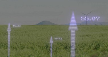 Yükselen holografik oklar, ekin tarlaları boyunca yuvarlanan tepeler ve rüzgar türbinleriyle sayıları gösteriyor. Tarım, veri görselleştirme, teknoloji, sürdürülebilirlik, çevre, yenilik, kırsal