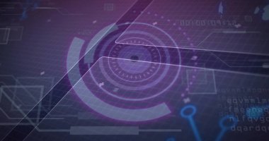 Mor şebeke üzerinde HUD görüntüleme, eşmerkezli halkalar, şeffaf paneller, kod parçaları. Futuristik, dijital, arayüz, teknoloji, ağ, veri, soyut