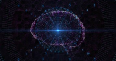 Merkezi işaret fişeği içeren radyal gösterge ile biçimlendirilmiş beyin ağı grafiği gösteriliyor. Fütürist, veri görselleştirme, sibernetik, dijital arayüz, sinirsel, yüksek teknoloji, soyut