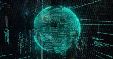 Kod akımları ve veri hatlarıyla sanal veri arayüzünde dönen holografik bir küre. Fütürist, dijital, teknoloji, veri görselleştirme, sanal gerçeklik, siber, dolambaçlı