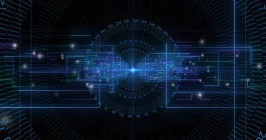 Çerçeve, veri çizgileri, çevirme ve parçacıklarla dijital UI 'da mavi küreden yatay ışın yayılıyor. Gelecekçi, teknoloji, veri, görselleştirme, holografik, soyut, siber