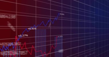 Beyaz ızgara çizgileri ve yüzde etiketleriyle, dijital ızgarada mavi-kırmızı çizgi grafikleri gösteriliyor. Finansal, analitik, veri, dijital, grafik, teknoloji, yatırım