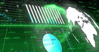 Karanlık ızgara üzerinde süzülen holografik gösterge paneli, bar grafikleri, pasta grafiği ve dünya haritası. Gelecek, teknoloji, veri, görselleştirme, arayüz, dijital, analitik