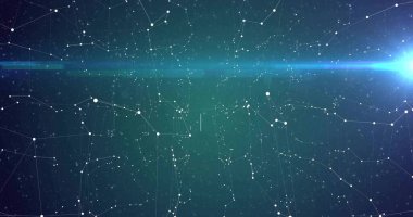 Yatay ışık bandıyla ince çizgilerle bağlanmış beyaz yuvarlak düğümler, parlaklık. Bağlantı, teknoloji, yenilik, dijital, soyut, fütüristik, ağ