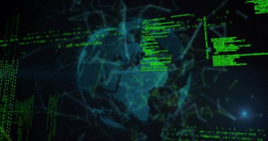 Yeşil kod akışlarıyla 3 boyutlu ağ arayüzünde dönen holografik noktalı küre gösteriliyor. Fütüristik, teknoloji, siber alan, veri görselleştirme, dijital, soyut, yenilik