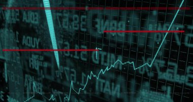 Ekranda kırmızı işaretler, ızgara çizgileri, alfanumerik üstüste dizilmiş cyan noktalı trend çizgisi gösteriliyor. Teknoloji, analitik, veri, finans, yenilik, arayüz, dijital