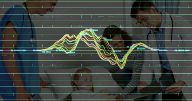 Önlüklü bakım ekibi, laboratuvar önlüğü, muayene odasında çocuk hastayı inceleyen dijital grafik kaplamalı. Tıbbi, sağlık, pediatrik, profesyonel, klinik, tanı, şefkat