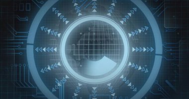 Sanal kontrol panelinde süzülen neon-mavi arayüzü sunuyorum, eşmerkezli halkalar ve oklarla. Gelecek, teknoloji, arayüz, holografik, dijital, soyut, siber
