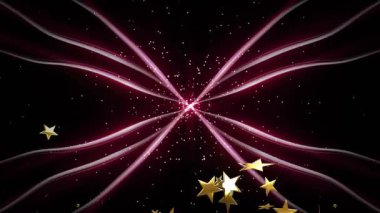 Kırmızı küme kurdeleleri ateşlerken altın yıldızlar düz dizayn boşluğundaki enerjiyi görselleştirmek için yukarı sürükleniyor. Soyut, dijital sanat, ışıltı, aydınlanma, uzay, kozmik, fütürist