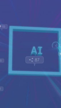 Ai metninin animasyonu, beyinde kare şeklinde ve soyut arkaplan üzerinde uyarı çubukları var. Dijital olarak üretilmiş, hologram, teknoloji, yapay zeka, makine öğrenmesi, sosyal medya hatırlatması.