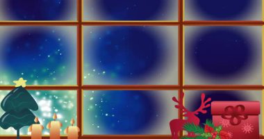 Kamera gösterimi pencere kenarındaki dekorasyonu tetikler. Çerçeveden çıkan kıvılcımlar söner ve yıldızlı geceyi ortaya çıkarır. Şenlikli, rahat, büyülü, atmosfer, mevsimsel, çevresel, sakin