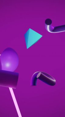 Mor arkaplan üzerinde soyut üç boyutlu şekillerin animasyonu. İletişim, veri işleme, yaratıcılık ve dijital arayüz arka plan kavramı dijital olarak oluşturuldu.