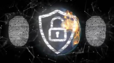 Dönen Dünya 'nın hatalı parmak izleri kaybolan kalkan yanıp sönen kavis sarmalayan asma kilit güvenli ağ. Siber uzay, güvenlik, bağlantı, teknoloji, dijital, koruma, fütürist