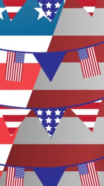 Özgürlük heykelinin üzerinde bayrak çelenkleri. Amerikan vatanseverliği, bağımsızlık ve kutlama konsepti dijital olarak oluşturulmuş video.