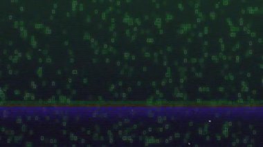 Koyu arkaplanda ortaya çıkan dijital arıza, mavi kırmızı bant titreşirken yeşil kareler titreşiyor. Soyut, siber punk, neon, fütüristik, teknoloji, parazit, dijital