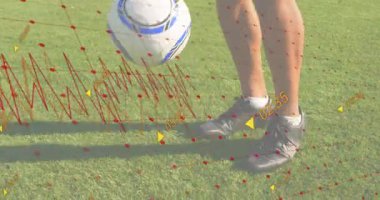 Ayak kaldıran ve topa vurarak çimlerin üzerinde futbol yeteneğini gösteren bir adam. Atletik, çeviklik, eğitim, açık hava, disiplin, minimalist, spor