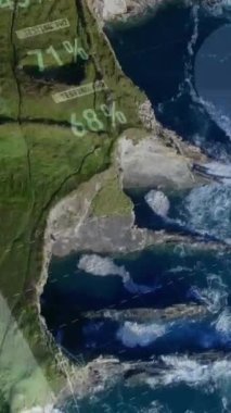 Ön planda 4k grafikler ve istatistiklerin dijital animasyon ile bir kıyı şeridi üst görünümü