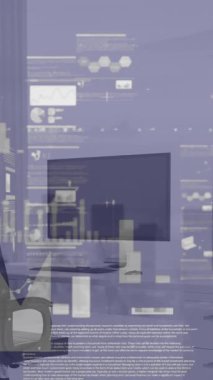 Animation of screens with statistical data processing against empty office. Computer interface and business data technology concept