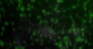 Başlangıçta çatlaklar gerilip dijital yağmura dönüşürken yeşil kabartmalar yoğunlaşıyor. Soyut, dijital, geleceksel, holografik, siber, arıza, teknolojik