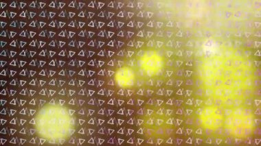 Karanlık zemin Bokeh kürelerinin titrediğini ve üçgen ızgaranın renk değiştirdiğini gösteriyor. Soyut, dijital, fütüristik, canlı, hareket, model, aydınlatma