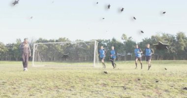 Koç, saha oyuncularının yıldız kuşlarla yan yana oynamaları için futbol duvarı talimini başlatıyor. Antrenman, takım çalışması, çeviklik, spor, koçluk, motivasyon.