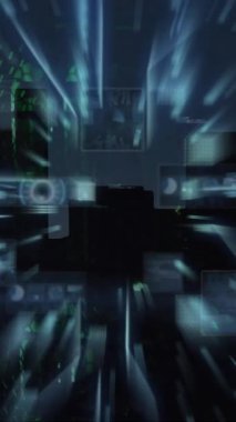 Bilgisayar sunucuları üzerinden dijital veri işleme ve devre kartlarının animasyonu. Dijital olarak oluşturulmuş küresel bağlantılar, hesaplama ve veri işleme kavramı.