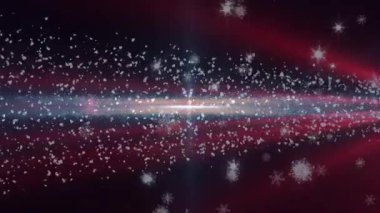 Kırmızı mercek parlıyor, yatay ışın yansıtıyor, parçacıklar solup giden görselleştirme enerjisi. Soyut, kozmik, fütürist, aydınlık, dijital sanat, enerji, radyasyon