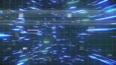 Koyu yeşil şebeke ortaya çıkıyor. Mavi çizgiler sürükleniyor. Veri tüneli yanıp sönüyor. Gelecekçi, dijital, soyut, teknoloji, hareket, siber, neon