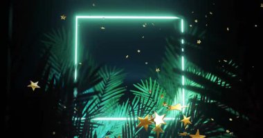 Sürüklenen yıldızlar animasyona başlıyor, neon yeşil kareler soluyor ve palmiye yapraklarını parlatmak için titreşiyor. Dijital, fütüristik, soyut, neon, sinematik, atmosferik, katmanlı