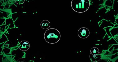 Parıldayan neon çizgileri ekolojik simgeleri başlatıyor, ağ içinde kayıyor, ekonomik verileri gösteriyor. Sürdürülebilirlik, dijital, teknoloji, yenilik, çevre, fütüristik, ekolojik bilinç