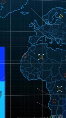 Dünya haritası üzerinde grafiklerin ve donanma dijital uzayında simgelerin canlandırılması. Küresel iş, finans, ekonomi, ağ ve teknoloji konsepti dijital olarak oluşturulmuş video.