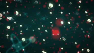 Başlangıçta kırmızı, beyaz, parlayan parçacıklar turkuaz yörüngelerde sürükleniyor ve girdap beliriyor ve kayboluyor. Fütürist, dijital, soyut, enerjik, dinamik, bilim, teknoloji