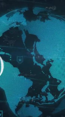 Kıtaları kaplayan matematiksel denklemlerle dijital dünyanın animasyonu. Teknoloji, yenilik, bilim, veri, analitik, küresel