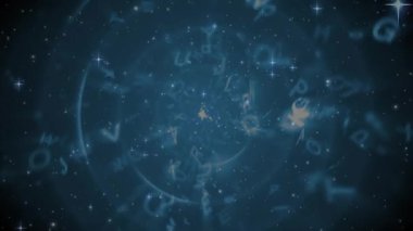 Açılış karesinde içe doğru dönen harfler kozmik girdap etkisi için ışıldayan çekirdek gibi. Göksel, soyut, enerjik, fütürist, dijital, kozmik, dinamik