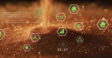 Yukarıdan granüller dökülüyor, simgeler beliriyor ve metrik güncellemeler sürdürülebilirliği gösteriyor. Sürdürülebilirlik, veri görselleştirme, eko, çevre, analitik, yenilenebilir, modern