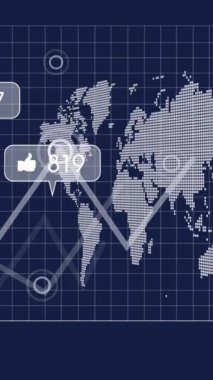 Dünya haritası ve mavi arkaplan üzerinde sosyal medya simgeleri ve veri işleme animasyonları. Küresel finans, iş, bağlantılar, hesaplama ve veri işleme kavramı dijital olarak oluşturulmuş video.