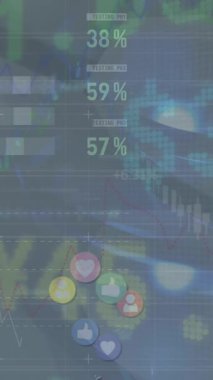 Finansal verilerin ve sosyal medyanın gri arka plan üzerindeki tepkilerinin canlandırılması. Küresel iş, finans, ekonomi, sosyal medya ve teknoloji konsepti dijital olarak oluşturulmuş video.