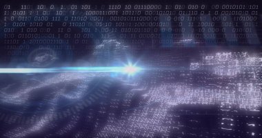 Parlayan ışık hüzmesi dijital ağda parlıyor, ikili rakamlar ve holografik kod uçakları ile. Siber uzay, veri, teknoloji, fütüristik, görselleştirme, bilgi, sanal